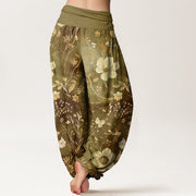 Buddha Stones White Flowers Winding Vines Pattern Design Women's Elastic Waist Harem Pants
