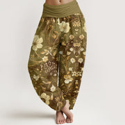 Buddha Stones White Flowers Winding Vines Pattern Design Women's Elastic Waist Harem Pants