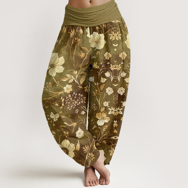Buddha Stones White Flowers Winding Vines Pattern Design Women's Elastic Waist Harem Pants
