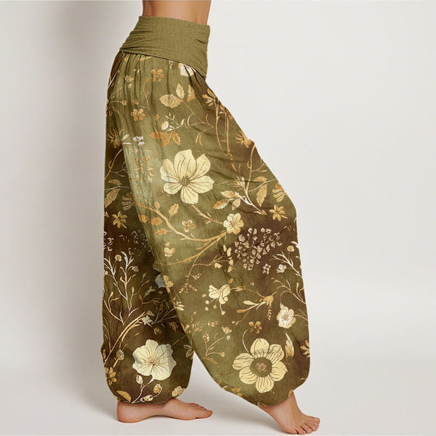 Buddha Stones White Flowers Winding Vines Pattern Design Women's Elastic Waist Harem Pants