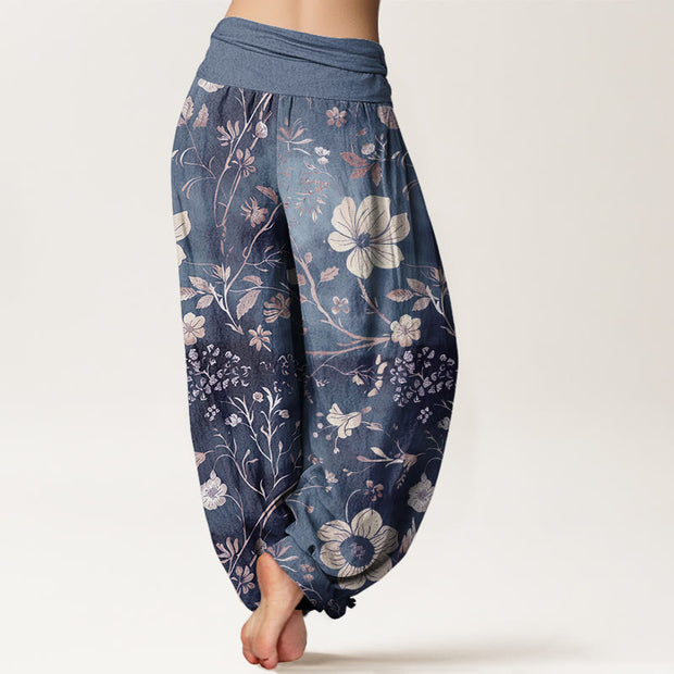 Buddha Stones White Flowers Winding Vines Pattern Design Women's Elastic Waist Harem Pants
