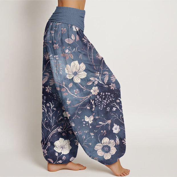 Buddha Stones White Flowers Winding Vines Pattern Design Women's Elastic Waist Harem Pants