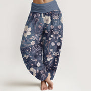 Buddha Stones White Flowers Winding Vines Pattern Design Women's Elastic Waist Harem Pants