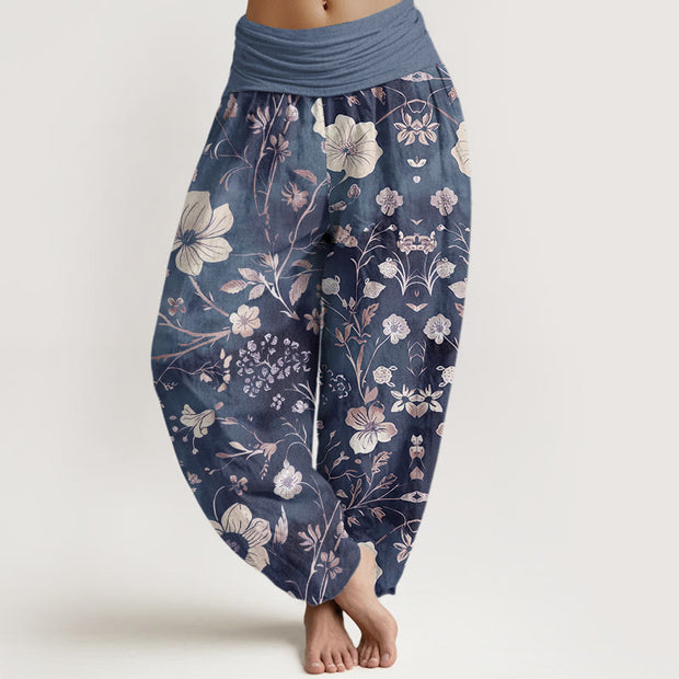 Buddha Stones White Flowers Winding Vines Pattern Design Women's Elastic Waist Harem Pants