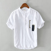 Buddha Stones Daily Plain Patch Color Matching Design Men's Short Sleeve Cotton Linen Shirt