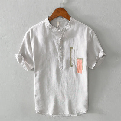Buddha Stones Daily Plain Patch Color Matching Design Men's Short Sleeve Cotton Linen Shirt