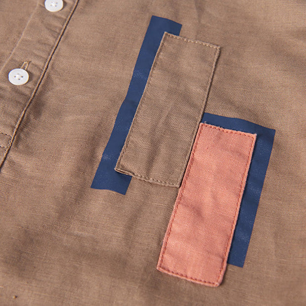 Buddha Stones Daily Plain Patch Color Matching Design Men's Short Sleeve Cotton Linen Shirt