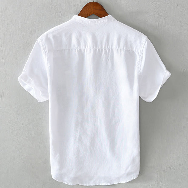 Buddha Stones Daily Plain Patch Color Matching Design Men's Short Sleeve Cotton Linen Shirt