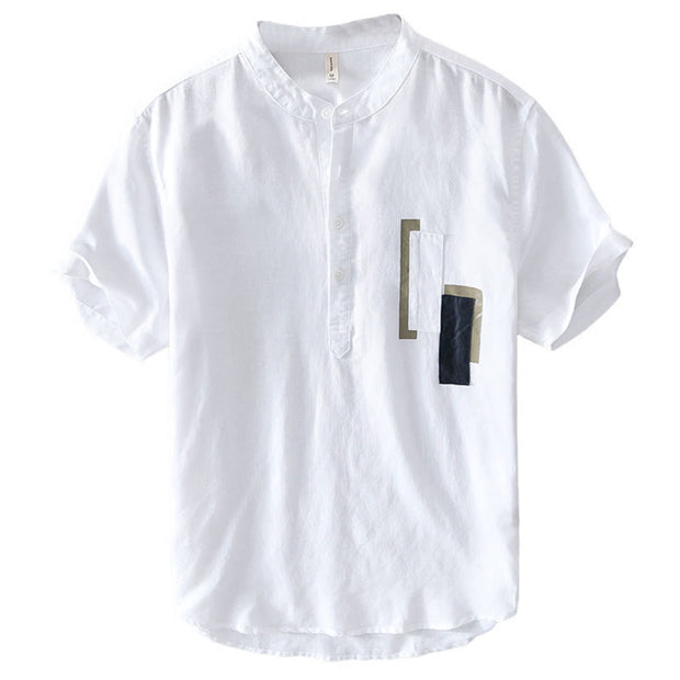 Buddha Stones Daily Plain Patch Color Matching Design Men's Short Sleeve Cotton Linen Shirt
