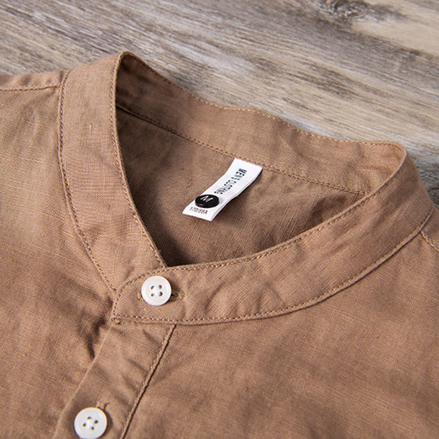 Buddha Stones Daily Plain Patch Color Matching Design Men's Short Sleeve Cotton Linen Shirt