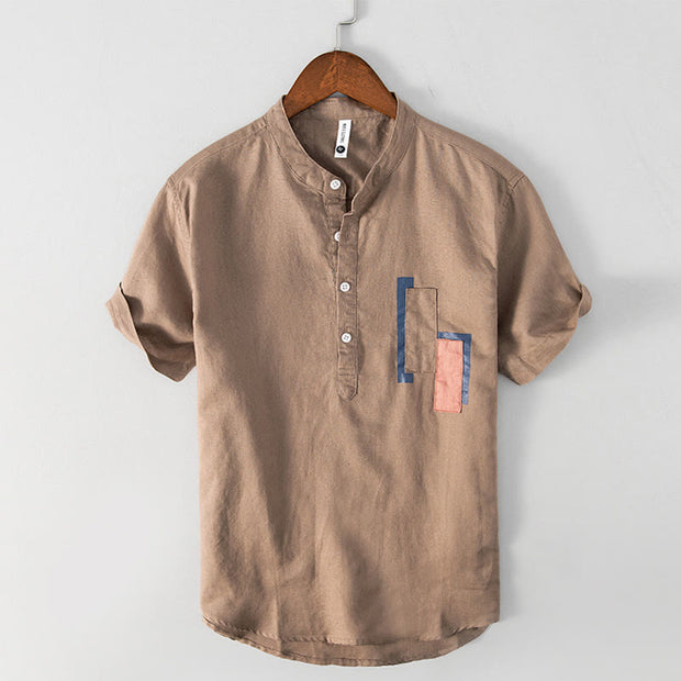 Buddha Stones Daily Plain Patch Color Matching Design Men's Short Sleeve Cotton Linen Shirt