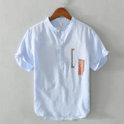 Buddha Stones Daily Plain Patch Color Matching Design Men's Short Sleeve Cotton Linen Shirt