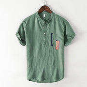 Buddha Stones Daily Plain Patch Color Matching Design Men's Short Sleeve Cotton Linen Shirt