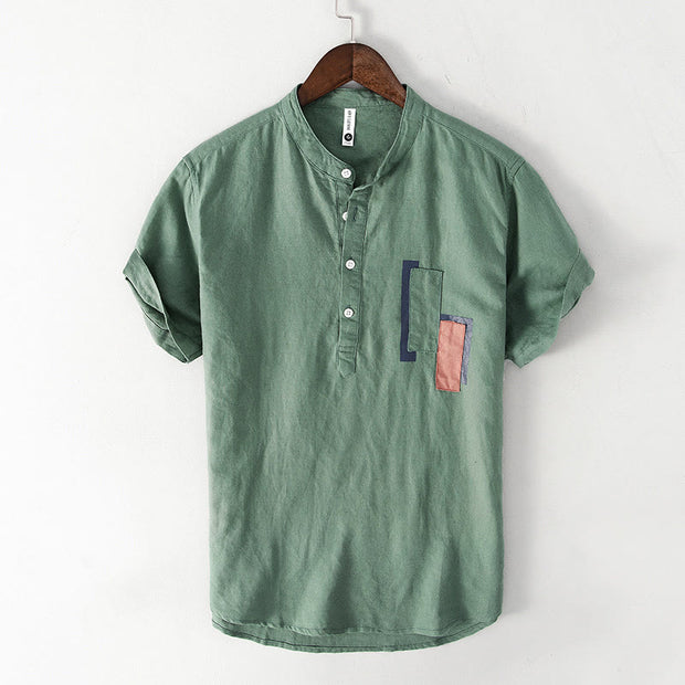 Buddha Stones Daily Plain Patch Color Matching Design Men's Short Sleeve Cotton Linen Shirt