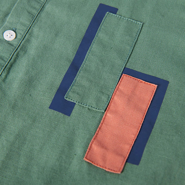 Buddha Stones Daily Plain Patch Color Matching Design Men's Short Sleeve Cotton Linen Shirt