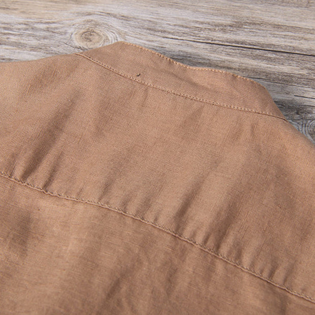 Buddha Stones Daily Plain Patch Color Matching Design Men's Short Sleeve Cotton Linen Shirt