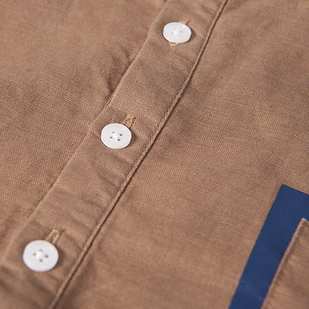 Buddha Stones Daily Plain Patch Color Matching Design Men's Short Sleeve Cotton Linen Shirt