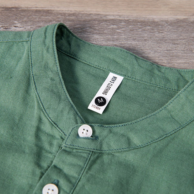 Buddha Stones Daily Plain Patch Color Matching Design Men's Short Sleeve Cotton Linen Shirt