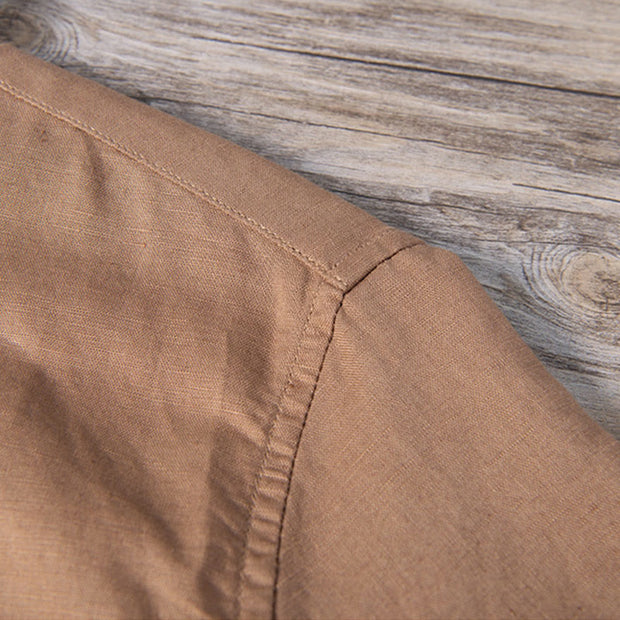 Buddha Stones Daily Plain Patch Color Matching Design Men's Short Sleeve Cotton Linen Shirt