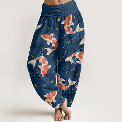 Buddha Stones Red White Koi Fish Pattern Design Women's Elastic Waist Harem Pants
