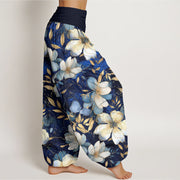 Buddha Stones Creamy White Flowers Pattern Design Women's Elastic Waist Harem Pants