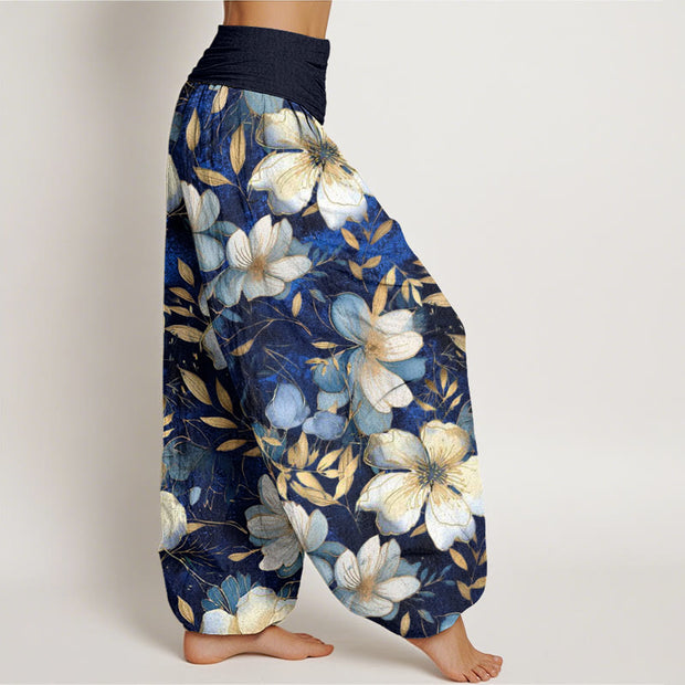 Buddha Stones Creamy White Flowers Pattern Design Women's Elastic Waist Harem Pants