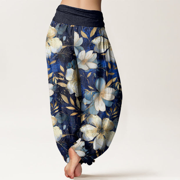 Buddha Stones Creamy White Flowers Pattern Design Women's Elastic Waist Harem Pants