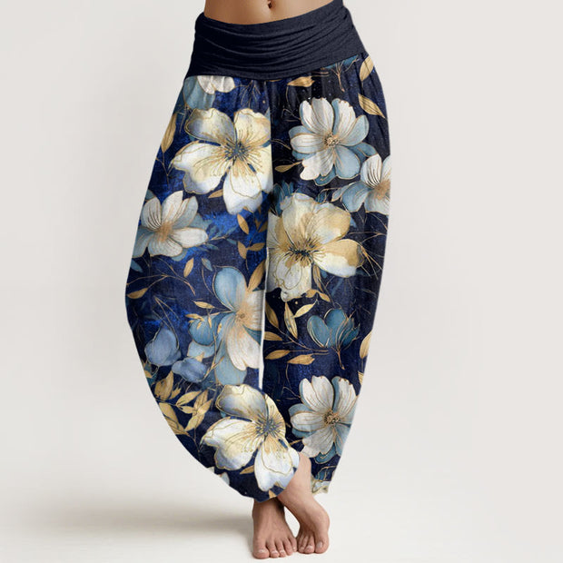 Buddha Stones Creamy White Flowers Pattern Design Women's Elastic Waist Harem Pants