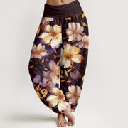 Buddha Stones Creamy White Flowers Pattern Design Women's Elastic Waist Harem Pants