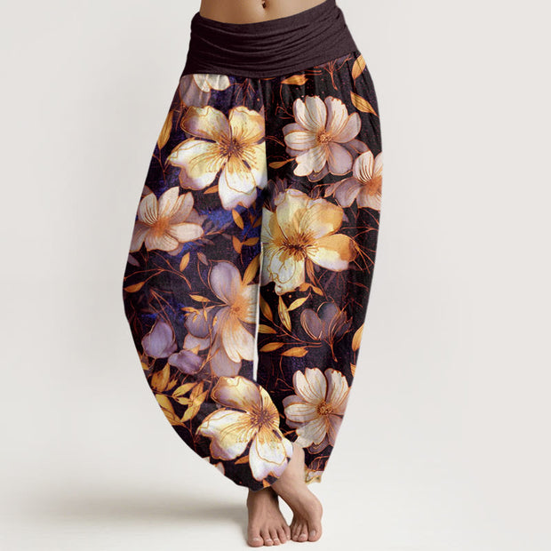 Buddha Stones Creamy White Flowers Pattern Design Women's Elastic Waist Harem Pants
