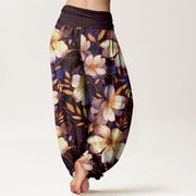Buddha Stones Creamy White Flowers Pattern Design Women's Elastic Waist Harem Pants