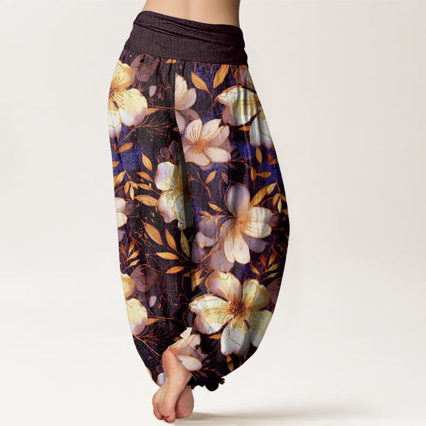 Buddha Stones Creamy White Flowers Pattern Design Women's Elastic Waist Harem Pants