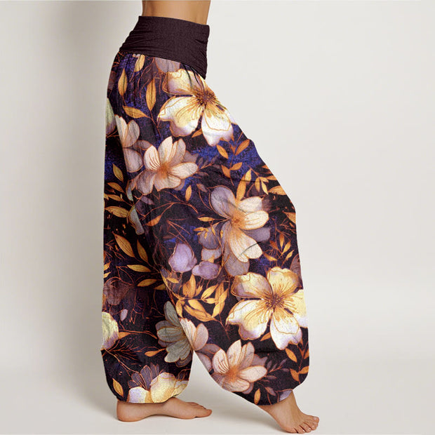 Buddha Stones Creamy White Flowers Pattern Design Women's Elastic Waist Harem Pants