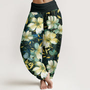 Buddha Stones Creamy White Flowers Pattern Design Women's Elastic Waist Harem Pants