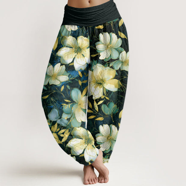Buddha Stones Creamy White Flowers Pattern Design Women's Elastic Waist Harem Pants