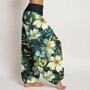 Buddha Stones Creamy White Flowers Pattern Design Women's Elastic Waist Harem Pants