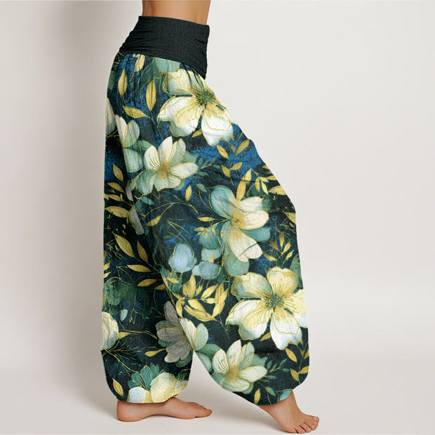 Buddha Stones Creamy White Flowers Pattern Design Women's Elastic Waist Harem Pants