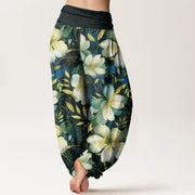 Buddha Stones Creamy White Flowers Pattern Design Women's Elastic Waist Harem Pants