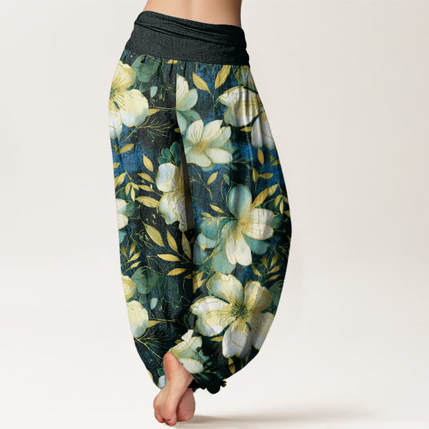 Buddha Stones Creamy White Flowers Pattern Design Women's Elastic Waist Harem Pants