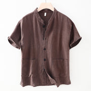 Buddha Stones Summer Casual Solid Color Button Design Stand Collar Men's Short Sleeve Cotton Linen Shirt WIth Pockets