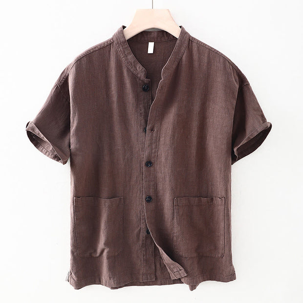 Buddha Stones Summer Casual Solid Color Button Design Stand Collar Men's Short Sleeve Cotton Linen Shirt WIth Pockets