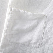 Buddha Stones Summer Casual Solid Color Button Design Stand Collar Men's Short Sleeve Cotton Linen Shirt WIth Pockets