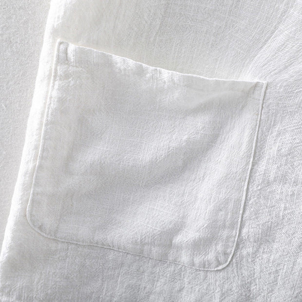 Buddha Stones Summer Casual Solid Color Button Design Stand Collar Men's Short Sleeve Cotton Linen Shirt WIth Pockets