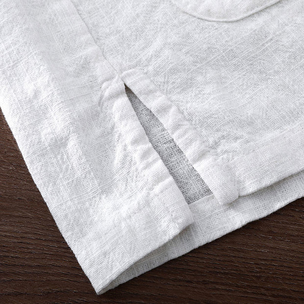 Buddha Stones Summer Casual Solid Color Button Design Stand Collar Men's Short Sleeve Cotton Linen Shirt WIth Pockets