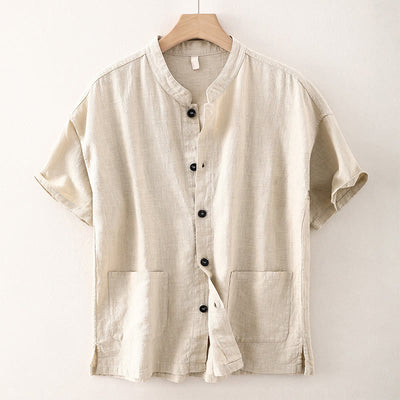 Buddha Stones Summer Casual Solid Color Button Design Stand Collar Men's Short Sleeve Cotton Linen Shirt WIth Pockets