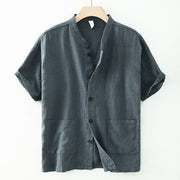 Buddha Stones Summer Casual Solid Color Button Design Stand Collar Men's Short Sleeve Cotton Linen Shirt WIth Pockets