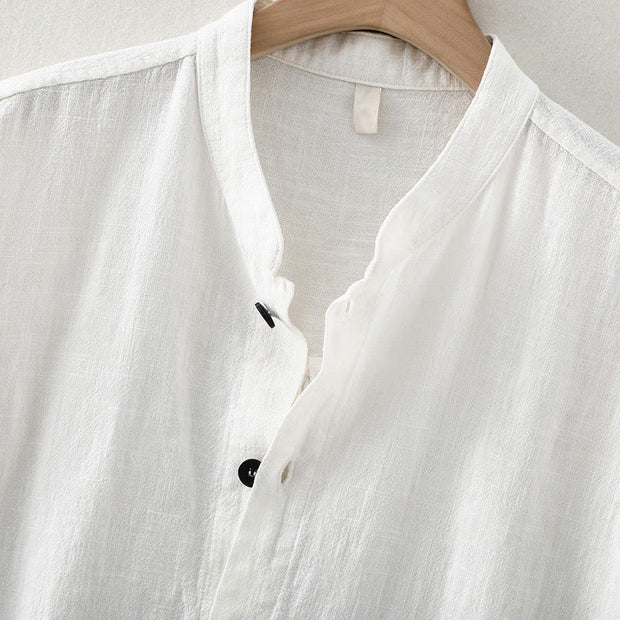 Buddha Stones Summer Casual Solid Color Button Design Stand Collar Men's Short Sleeve Cotton Linen Shirt WIth Pockets