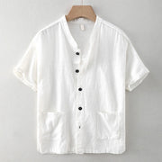 Buddha Stones Summer Casual Solid Color Button Design Stand Collar Men's Short Sleeve Cotton Linen Shirt WIth Pockets