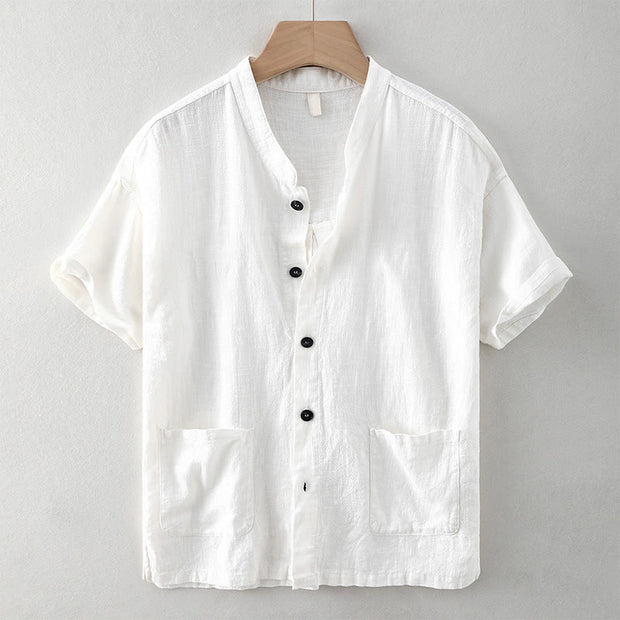 Buddha Stones Summer Casual Solid Color Button Design Stand Collar Men's Short Sleeve Cotton Linen Shirt WIth Pockets
