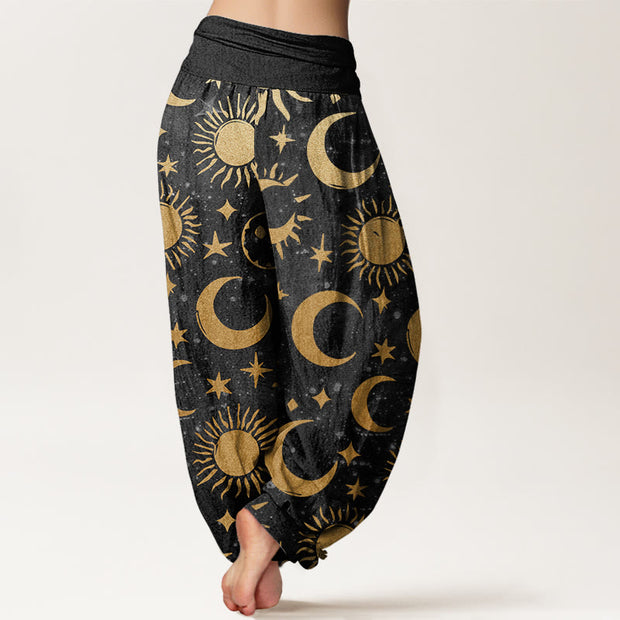 Buddha Stones Crescent Moon Sun Stars Pattern Design Women's Elastic Waist Harem Pants